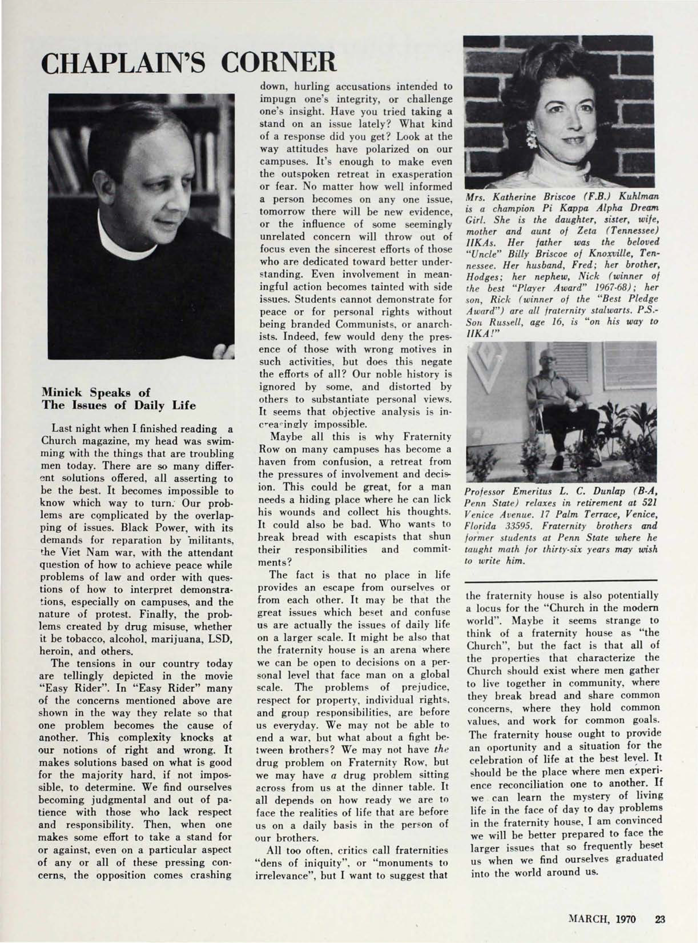 Chaplain's Corner, March 1970